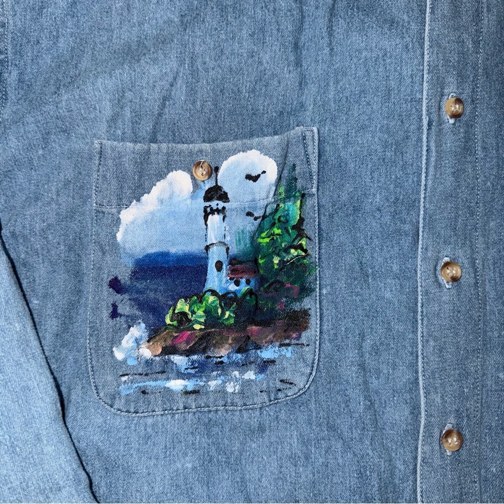 Vintage hand‎ painted lighthouse denim button up. L - Picture 5 of 5